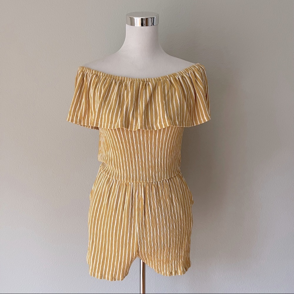 Endless Love Yellow Stripes Stretch Jersey Off Shoulder Romper Size S